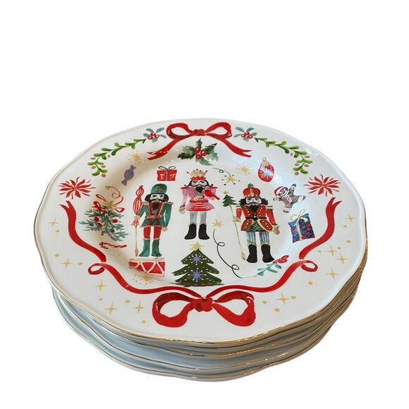 Christmas NUTCRACKER RED BOW Dinner Plates 11" Ceramic Set of 5 Dwell Essentials - Picture 7 of 14
